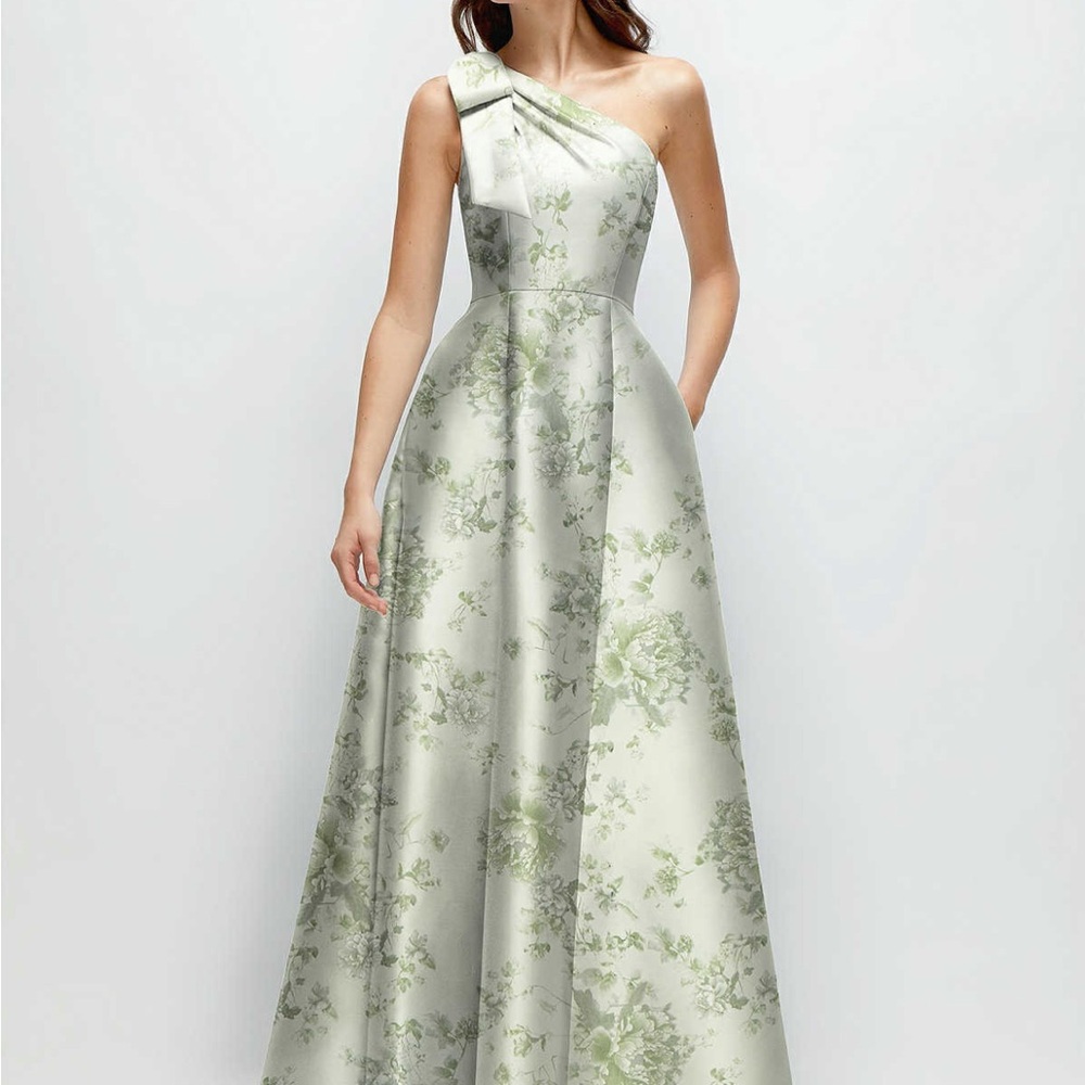 Dessy Alfred Sung Bow One Shoulder Full A-Line Floral Satin Maxi Dress D875FP